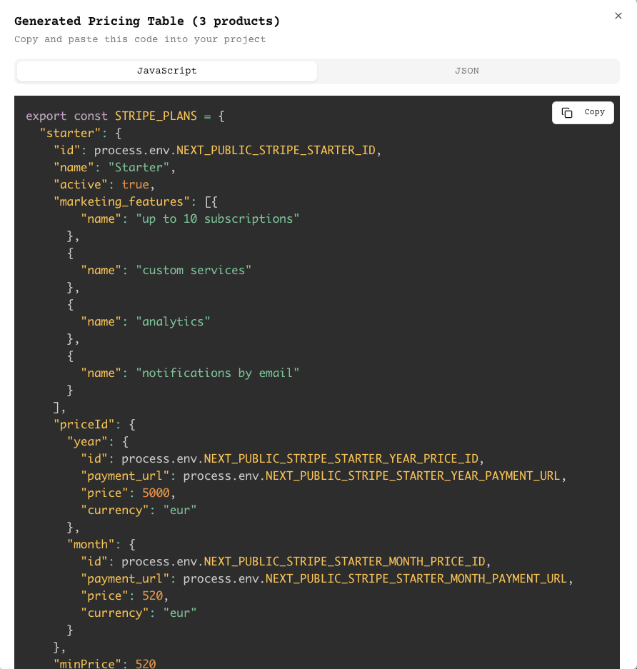 Generated Pricing Table Code